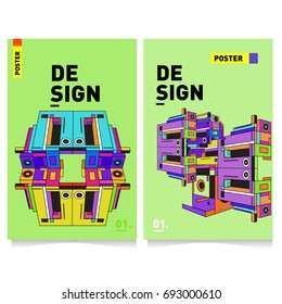 Flat color covers set. Abstract colorful geometric 3d shapes with typography poster design template. Trendy design and colorful summer theme. 