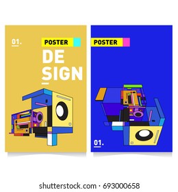 Flat color covers set. Abstract colorful geometric 3d shapes with typography poster design template. Trendy design and colorful summer theme. 
