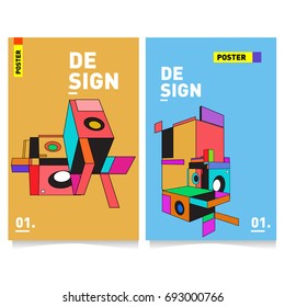 Flat color covers set. Abstract colorful geometric 3d shapes with typography poster design template. Trendy design and colorful summer theme. 