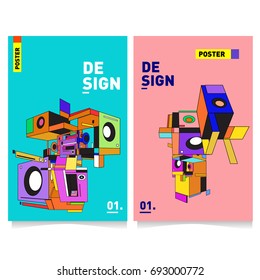 Flat color covers set. Abstract colorful geometric 3d shapes with typography poster design template. Trendy design and colorful summer theme. 