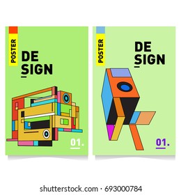 Flat color covers set. Abstract colorful geometric 3d shapes with typography poster design template. Trendy design and colorful summer theme. 
