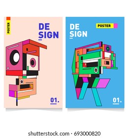 Flat color covers set. Abstract colorful geometric 3d shapes with typography poster design template. Trendy design and colorful summer theme. 