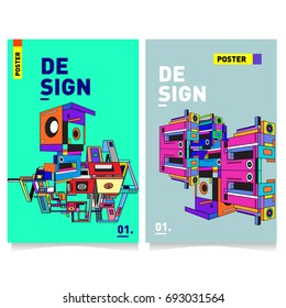 Flat color covers set. Abstract colorful geometric 3d shapes with typography poster design template. Trendy design and colorful summer theme. 