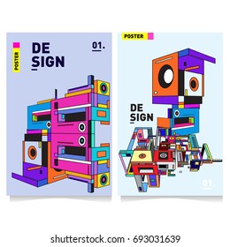 Flat color covers set. Abstract colorful geometric 3d shapes with typography poster design template. Trendy design and colorful summer theme. 