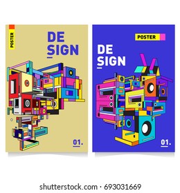Flat color covers set. Abstract colorful geometric 3d shapes with typography poster design template. Trendy design and colorful summer theme. 