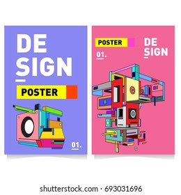 Flat color covers set. Abstract colorful geometric 3d shapes with typography poster design template. Trendy design and colorful summer theme. 