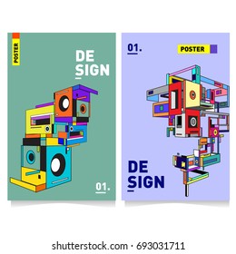Flat color covers set. Abstract colorful geometric 3d shapes with typography poster design template. Trendy design and colorful summer theme. 