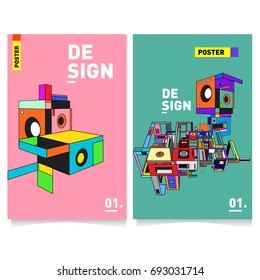 Flat color covers set. Abstract colorful geometric 3d shapes with typography poster design template. Trendy design and colorful summer theme. 