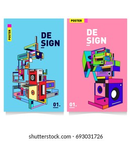 Flat color covers set. Abstract colorful geometric 3d shapes with typography poster design template. Trendy design and colorful summer theme. 