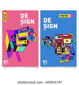 Flat color covers set. Abstract colorful geometric 3d shapes with typography poster design template. Trendy design and colorful summer theme. 