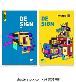 Flat color covers set. Abstract colorful geometric 3d shapes with typography poster design template. Trendy design and colorful summer theme. 