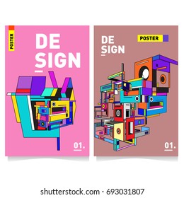 Flat color covers set. Abstract colorful geometric 3d shapes with typography poster design template. Trendy design and colorful summer theme. 
