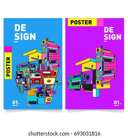 Flat color covers set. Abstract colorful geometric 3d shapes with typography poster design template. Trendy design and colorful summer theme. 
