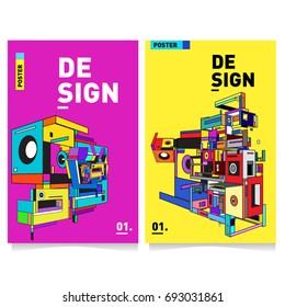Flat color covers set. Abstract colorful geometric 3d shapes with typography poster design template. Trendy design and colorful summer theme. 