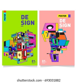 Flat color covers set. Abstract colorful geometric 3d shapes with typography poster design template. Trendy design and colorful summer theme. 