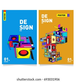 Flat color covers set. Abstract colorful geometric 3d shapes with typography poster design template. Trendy design and colorful summer theme. 