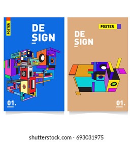 Flat color covers set. Abstract colorful geometric 3d shapes with typography poster design template. Trendy design and colorful summer theme. 
