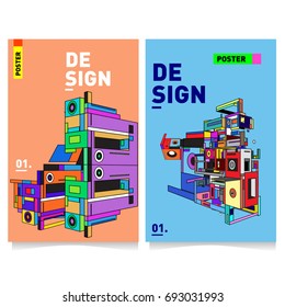 Flat color covers set. Abstract colorful geometric 3d shapes with typography poster design template. Trendy design and colorful summer theme. 