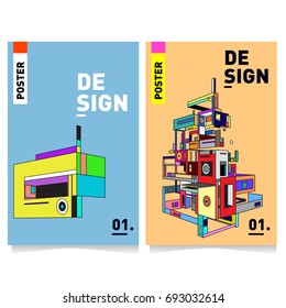 Flat color covers set. Abstract colorful geometric 3d shapes with typography poster design template. Trendy design and colorful summer theme. 