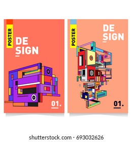 Flat color covers set. Abstract colorful geometric 3d shapes with typography poster design template. Trendy design and colorful summer theme. 