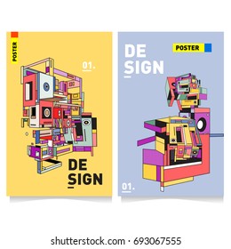 Flat color covers set. Abstract colorful geometric 3d shapes with typography poster design template. Trendy design and colorful summer theme. 