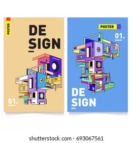 Flat color covers set. Abstract colorful geometric 3d shapes with typography poster design template. Trendy design and colorful summer theme. 