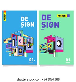 Flat color covers set. Abstract colorful geometric 3d shapes with typography poster design template. Trendy design and colorful summer theme. 