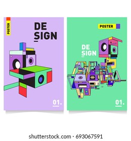 Flat color covers set. Abstract colorful geometric 3d shapes with typography poster design template. Trendy design and colorful summer theme. 