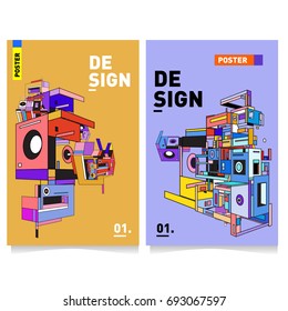 Flat color covers set. Abstract colorful geometric 3d shapes with typography poster design template. Trendy design and colorful summer theme. 