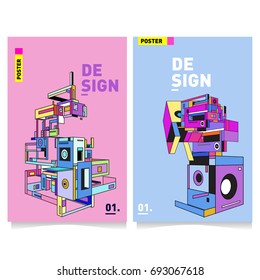 Flat color covers set. Abstract colorful geometric 3d shapes with typography poster design template. Trendy design and colorful summer theme. 