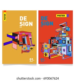 Flat color covers set. Abstract colorful geometric 3d shapes with typography poster design template. Trendy design and colorful summer theme. 