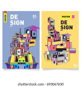 Flat color covers set. Abstract colorful geometric 3d shapes with typography poster design template. Trendy design and colorful summer theme. 