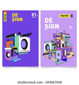 Flat color covers set. Abstract colorful geometric 3d shapes with typography poster design template. Trendy design and colorful summer theme. 