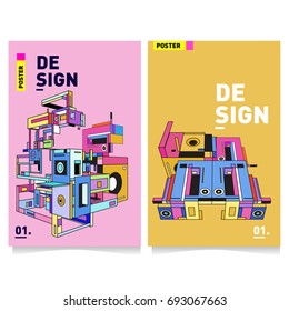 Flat color covers set. Abstract colorful geometric 3d shapes with typography poster design template. Trendy design and colorful summer theme. 