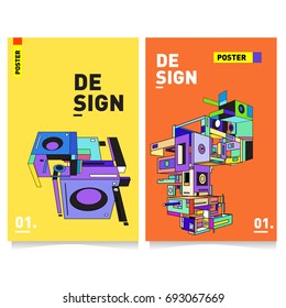 Flat color covers set. Abstract colorful geometric 3d shapes with typography poster design template. Trendy design and colorful summer theme. 