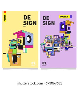 Flat color covers set. Abstract colorful geometric 3d shapes with typography poster design template. Trendy design and colorful summer theme. 