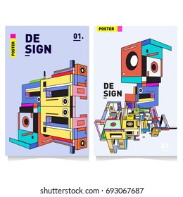 Flat color covers set. Abstract colorful geometric 3d shapes with typography poster design template. Trendy design and colorful summer theme. 