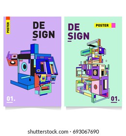 Flat color covers set. Abstract colorful geometric 3d shapes with typography poster design template. Trendy design and colorful summer theme. 