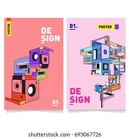Flat color covers set. Abstract colorful geometric 3d shapes with typography poster design template. Trendy design and colorful summer theme. 