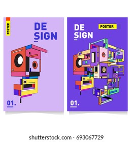 Flat color covers set. Abstract colorful geometric 3d shapes with typography poster design template. Trendy design and colorful summer theme. 