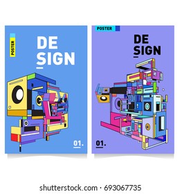 Flat color covers set. Abstract colorful geometric 3d shapes with typography poster design template. Trendy design and colorful summer theme. 