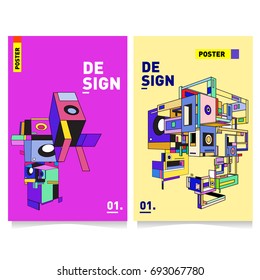 Flat color covers set. Abstract colorful geometric 3d shapes with typography poster design template. Trendy design and colorful summer theme. 