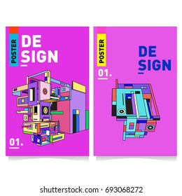 Flat color covers set. Abstract colorful geometric 3d shapes with typography poster design template. Trendy design and colorful summer theme. 