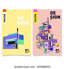 Flat color covers set. Abstract colorful geometric 3d shapes with typography poster design template. Trendy design and colorful summer theme. 