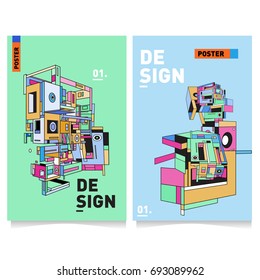 Flat color covers set. Abstract colorful geometric 3d shapes with typography poster design template. Trendy design and colorful summer theme. 