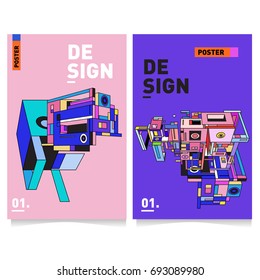 Flat color covers set. Abstract colorful geometric 3d shapes with typography poster design template. Trendy design and colorful summer theme. 