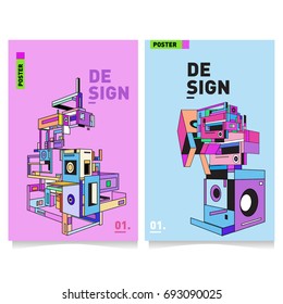 Flat color covers set. Abstract colorful geometric 3d shapes with typography poster design template. Trendy design and colorful summer theme. 