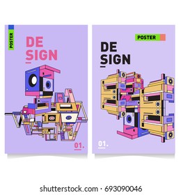 Flat color covers set. Abstract colorful geometric 3d shapes with typography poster design template. Trendy design and colorful summer theme. 