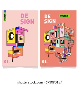 Flat color covers set. Abstract colorful geometric 3d shapes with typography poster design template. Trendy design and colorful summer theme. 