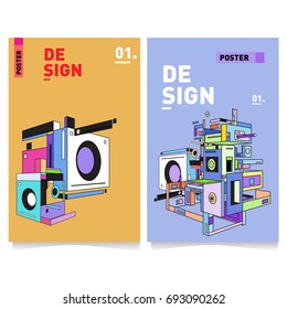 Flat color covers set. Abstract colorful geometric 3d shapes with typography poster design template. Trendy design and colorful summer theme. 
